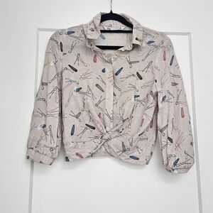 ZARA Twist Front Blouse Novelty Graphic XS